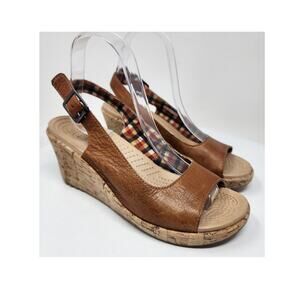Crocs A-Leigh Slingback Wedge Sandals Women 7 Brown Leather Buckle Cork 11848